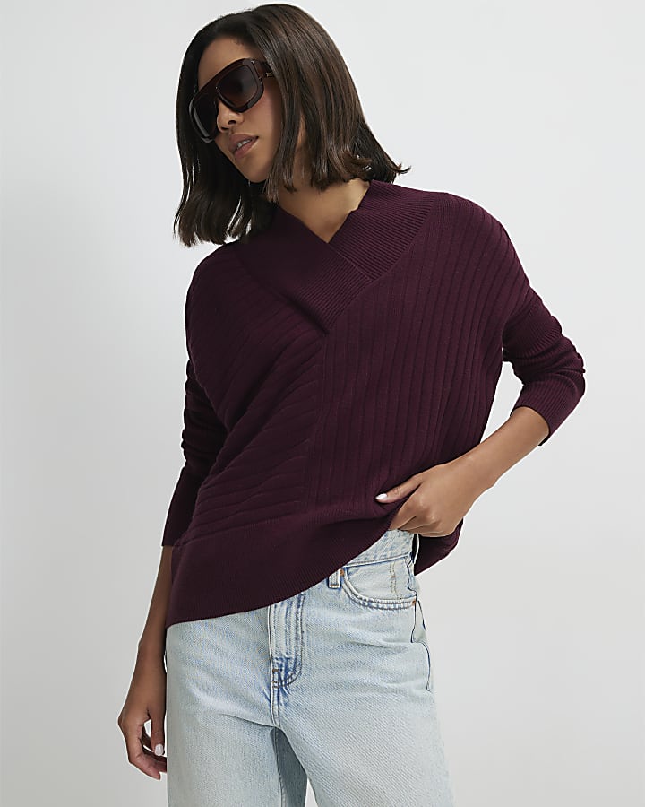Red Cotton V Neck Ribbed Jumper