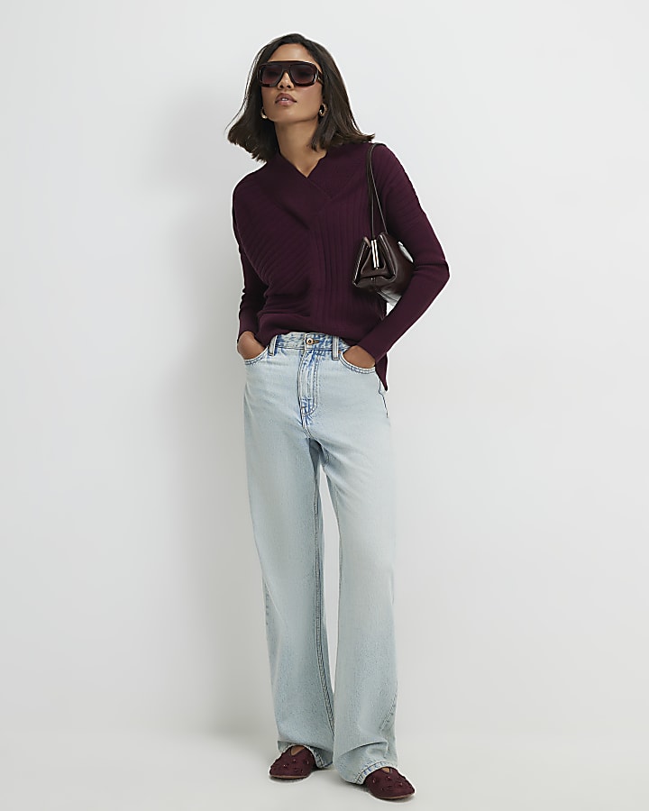 Red Cotton V Neck Ribbed Jumper