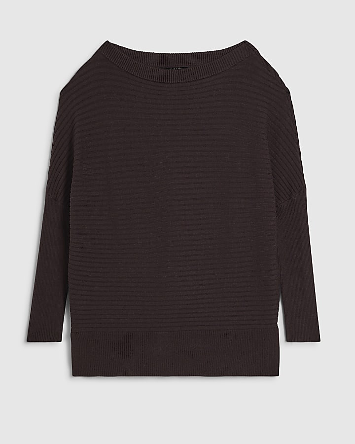 Brown Wide Neck Rib Knit Jumper