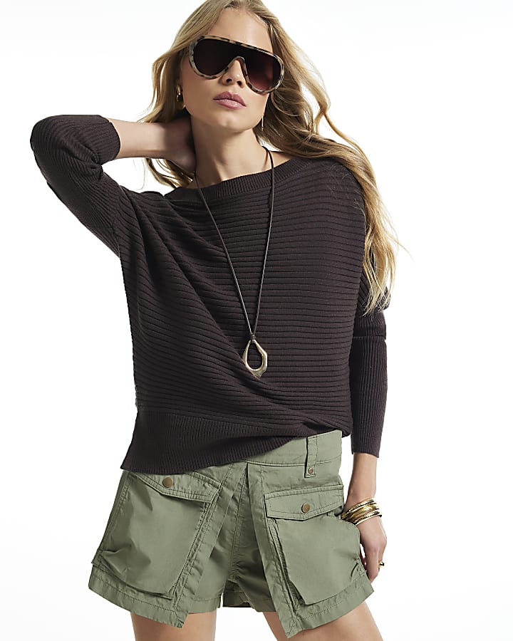Brown Wide Neck Rib Knit Jumper