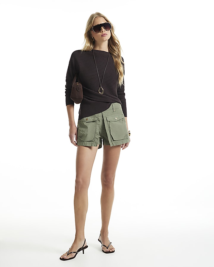 Brown Wide Neck Rib Knit Jumper