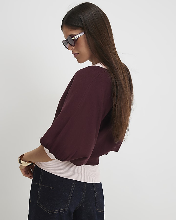 Red Blocked Knitted Slouch Polo Top