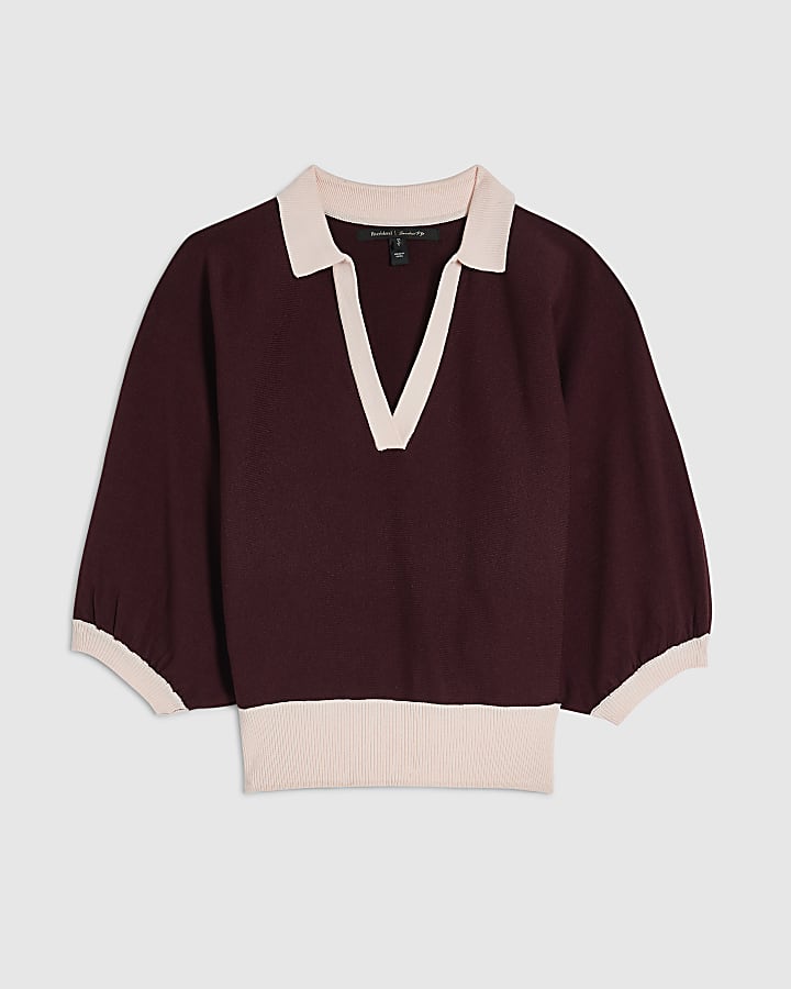 Red Blocked Knitted Slouch Polo Top
