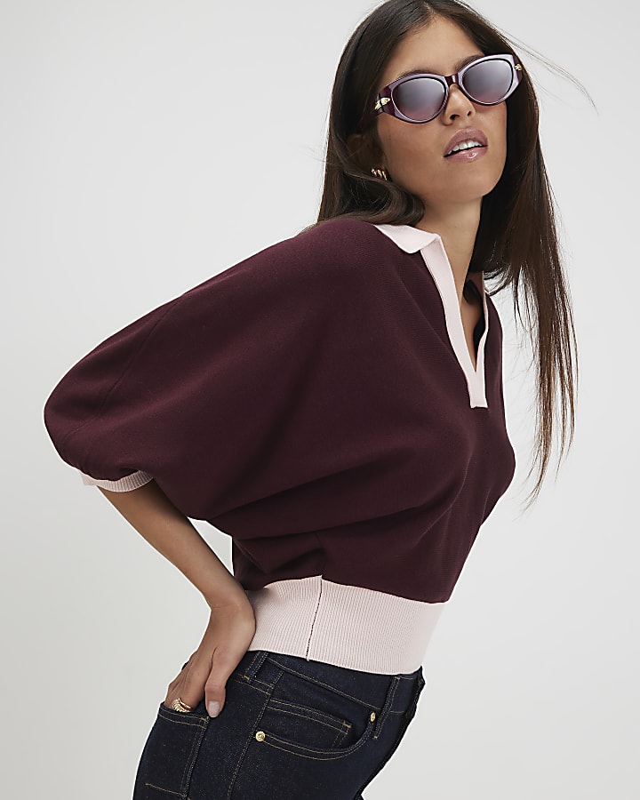 Red Blocked Knitted Slouch Polo Top