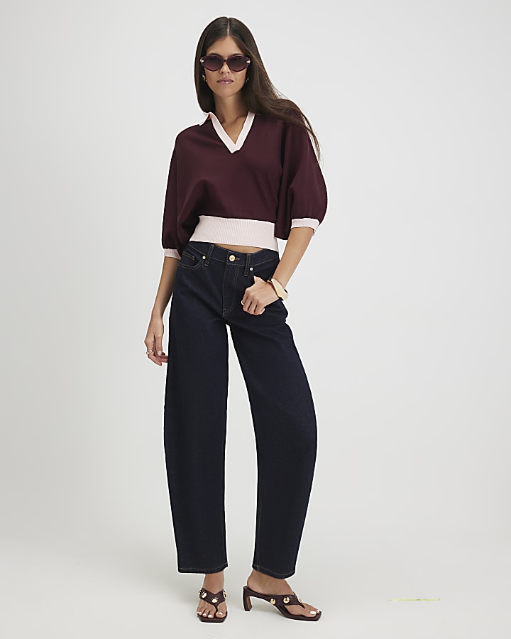 Red Blocked Knitted Slouch Polo Top