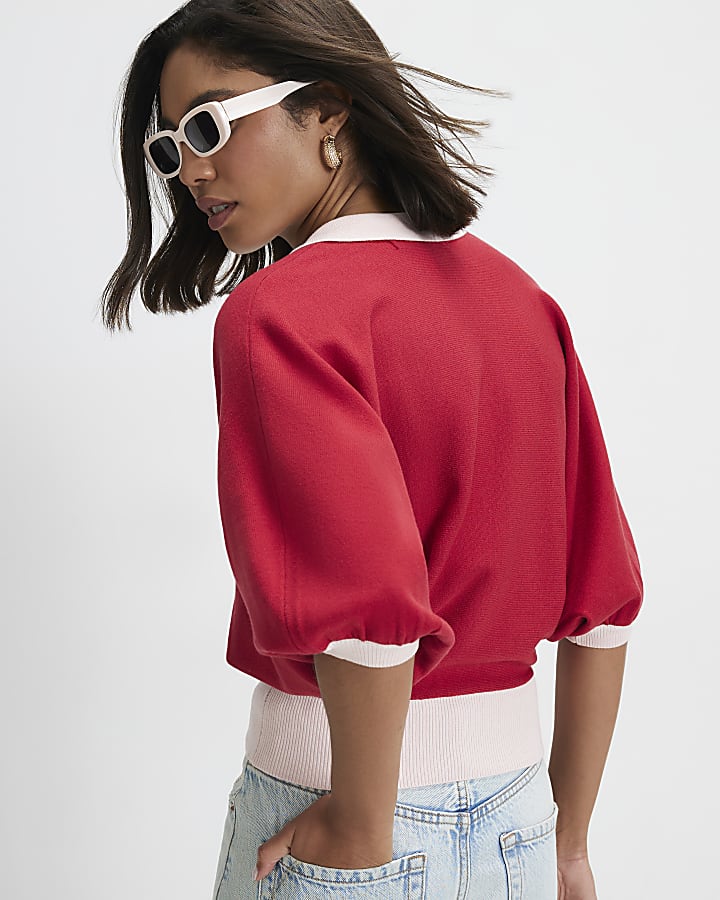 Red Knitted Colour Block Slouch Polo Top