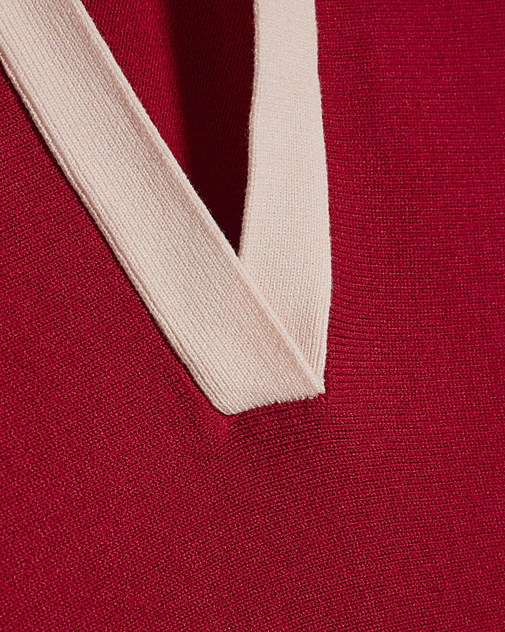 Red Knitted Colour Block Slouch Polo Top