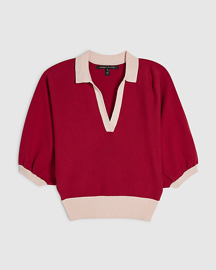 Red Knitted Colour Block Slouch Polo Top