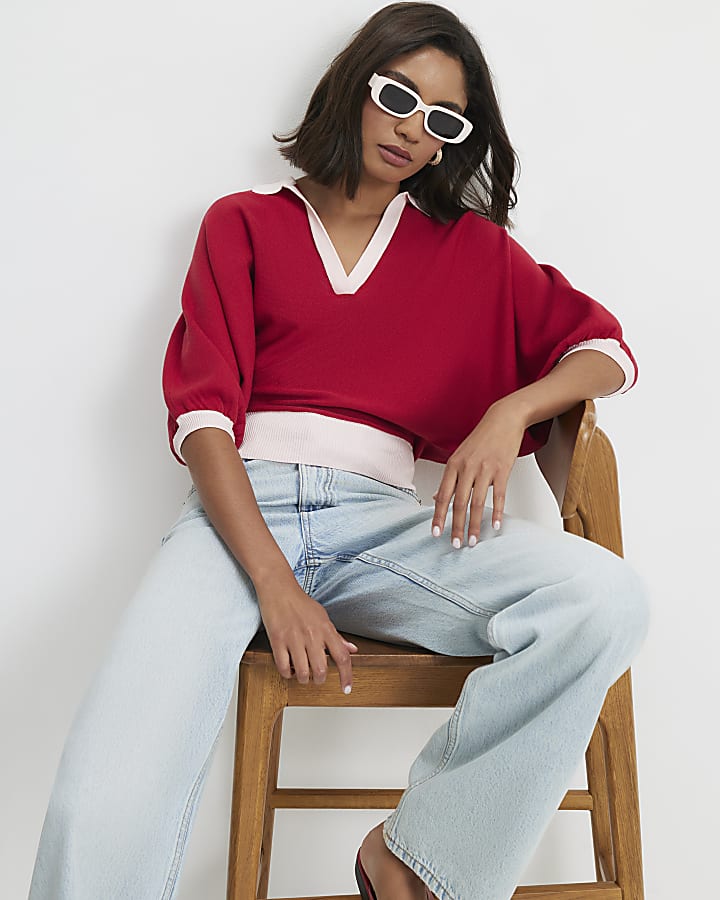 Red Knitted Colour Block Slouch Polo Top