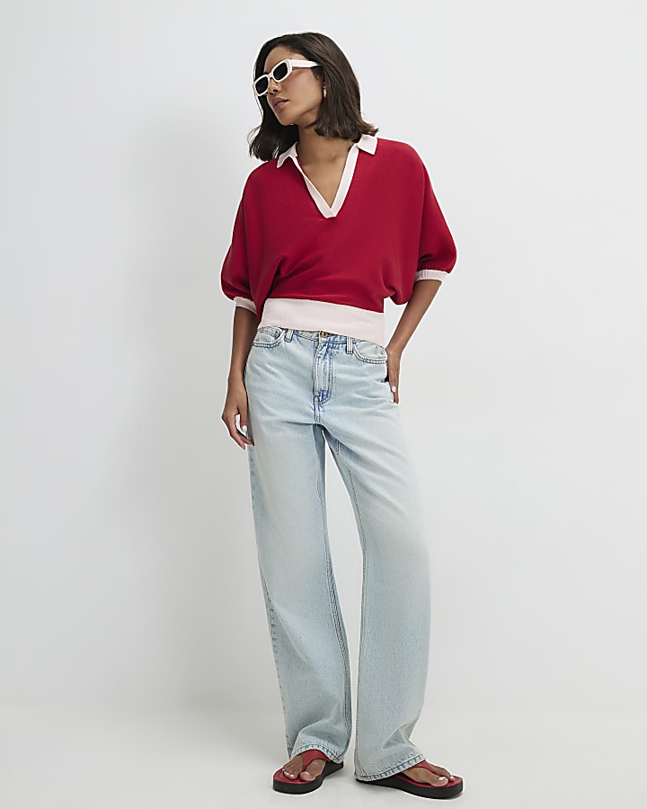 Red Knitted Colour Block Slouch Polo Top
