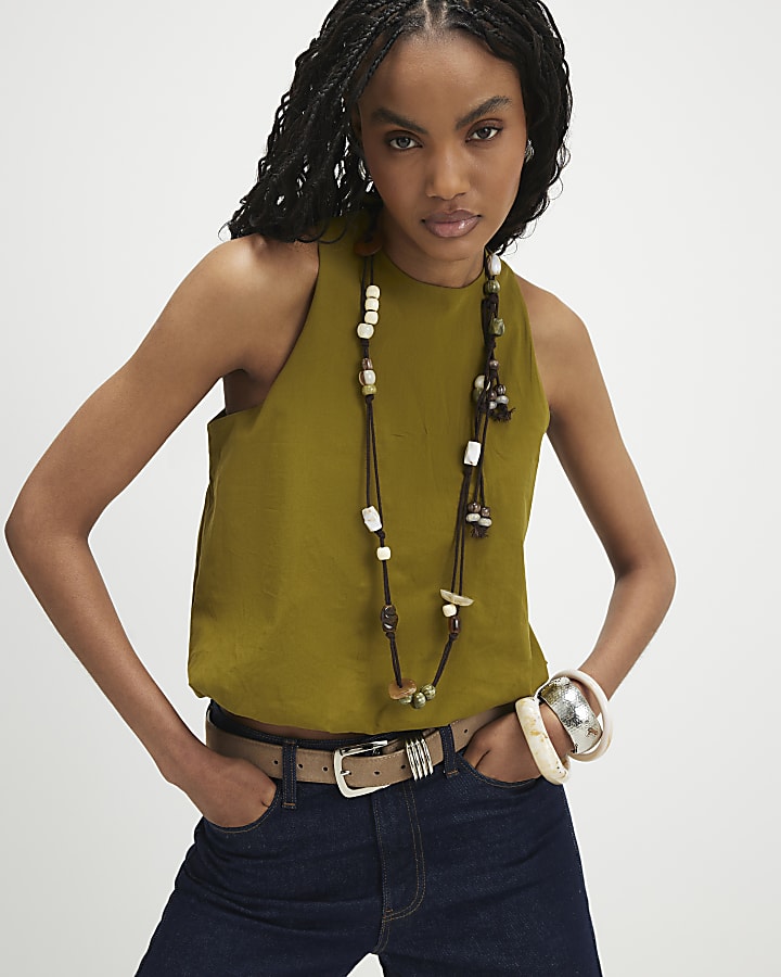 Green Cotton Sleeveless Bubble Hem Top