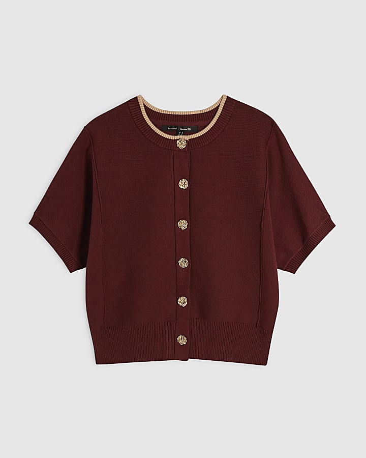 Red Cotton Knit Cocoon Sleeve Cardigan