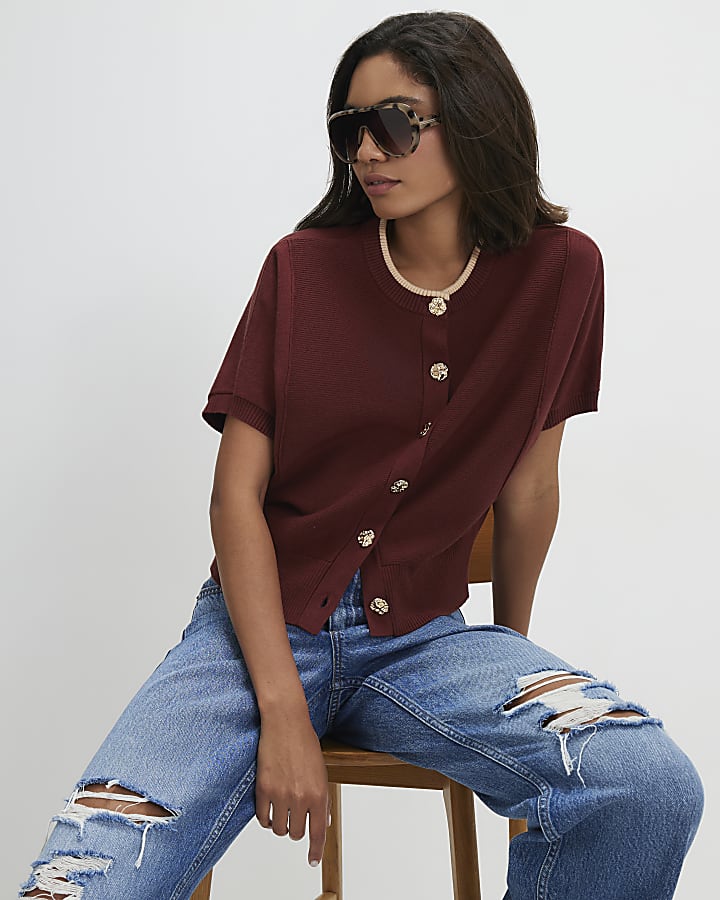 Red Cotton Knit Cocoon Sleeve Cardigan