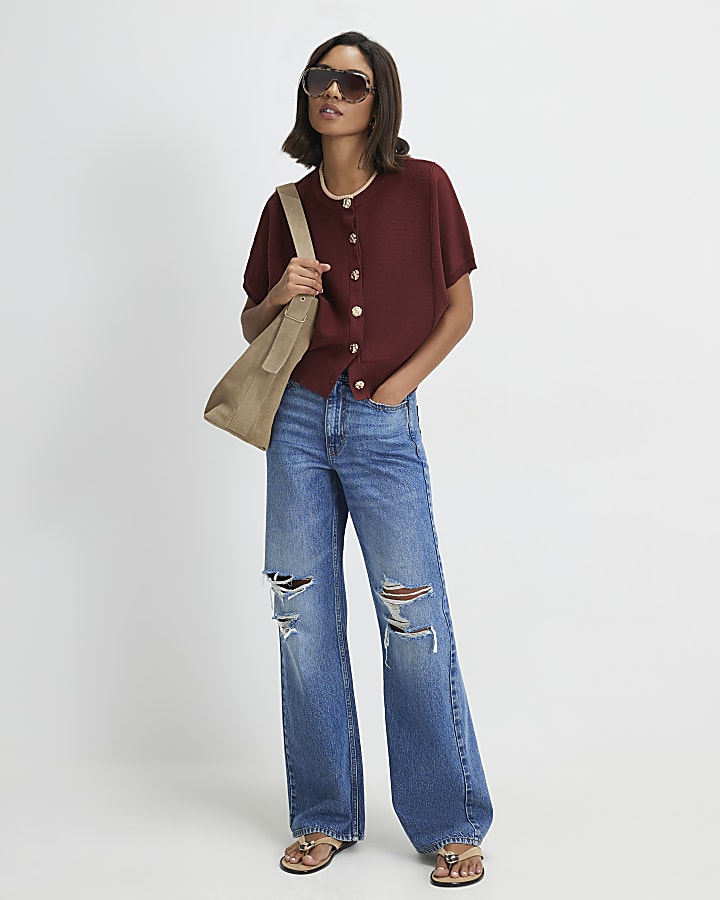 Red Cotton Knit Cocoon Sleeve Cardigan