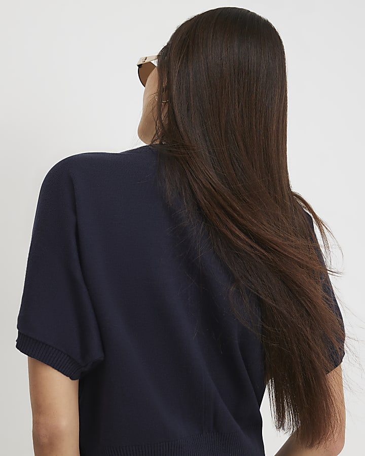 Navy Cotton Knit Cocoon Sleeve Cardigan