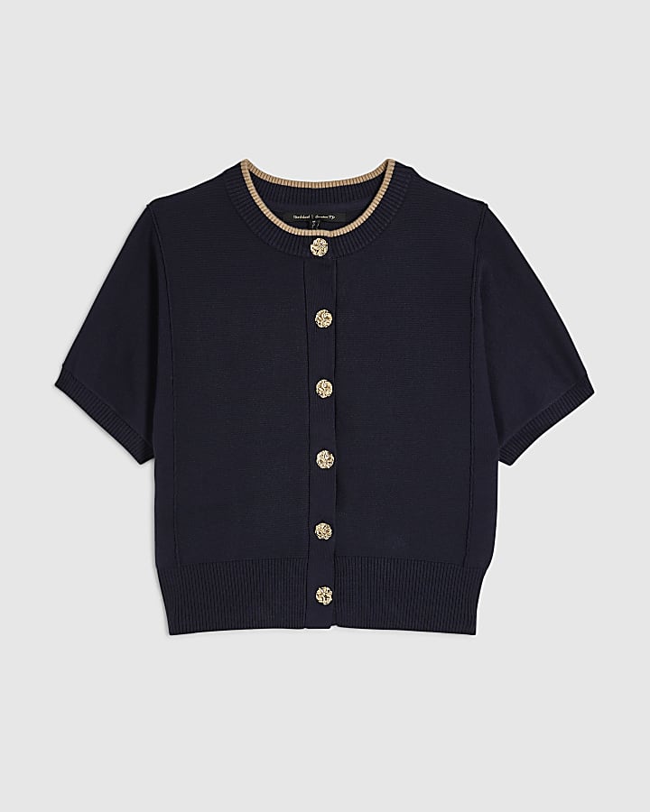 Navy Cotton Knit Cocoon Sleeve Cardigan
