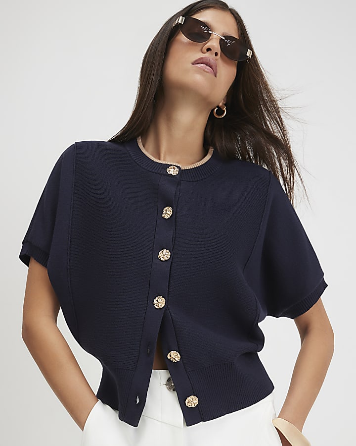 Navy Cotton Knit Cocoon Sleeve Cardigan
