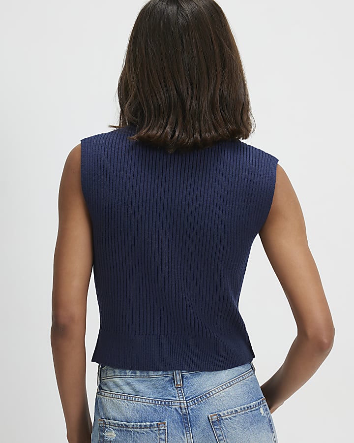 Navy Cotton Funnel Neck Rib Knit Tank Top