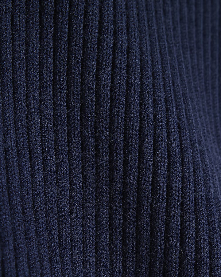 Navy Cotton Funnel Neck Rib Knit Tank Top