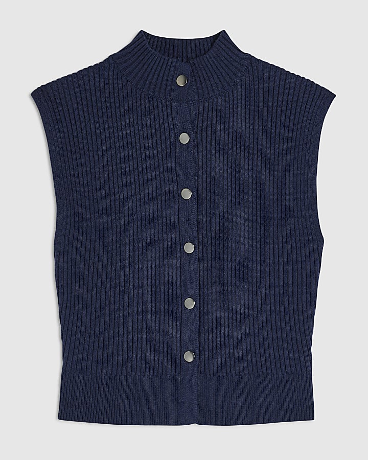 Navy Cotton Funnel Neck Rib Knit Tank Top