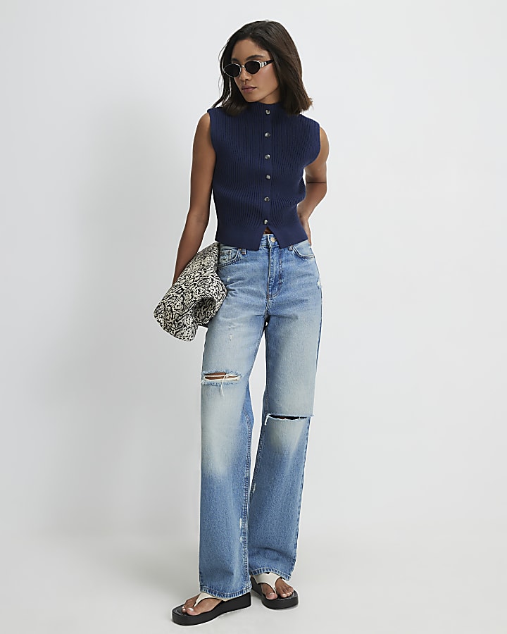 Navy Cotton Funnel Neck Rib Knit Tank Top