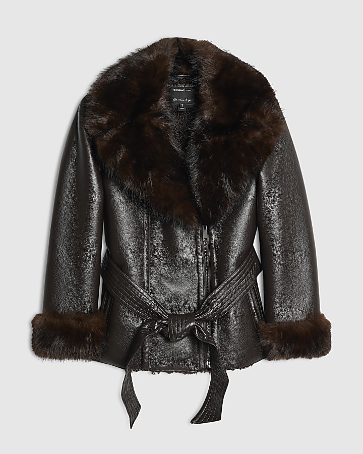 Petite Brown Mid Length Shearling Jacket