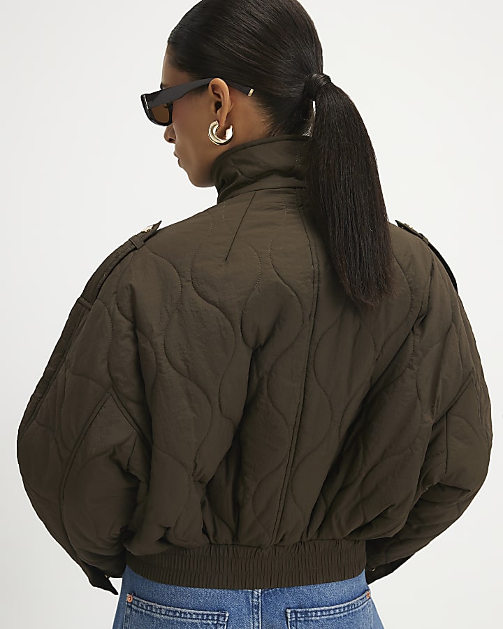 Petite Khaki Quilted Bomber Jacket