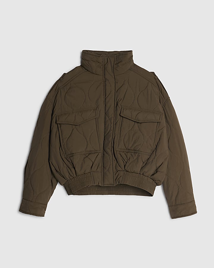 Petite Khaki Quilted Bomber Jacket