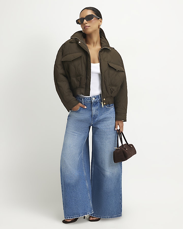 Petite Khaki Quilted Bomber Jacket