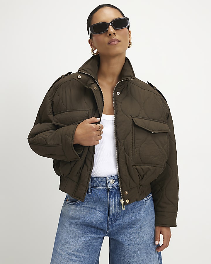 Petite Khaki Quilted Bomber Jacket