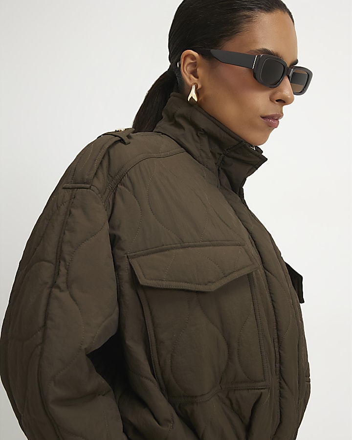 Petite Khaki Quilted Bomber Jacket