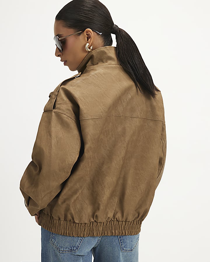 Petite Brown Faux Leather Funnel Neck Jacket