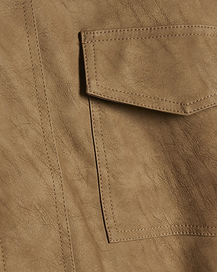Petite Brown Faux Leather Funnel Neck Jacket