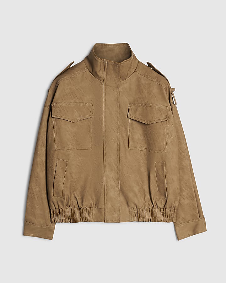 Petite Brown Faux Leather Funnel Neck Jacket