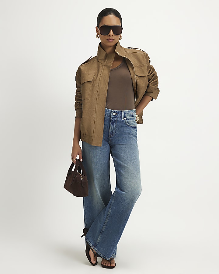 Petite Brown Faux Leather Funnel Neck Jacket