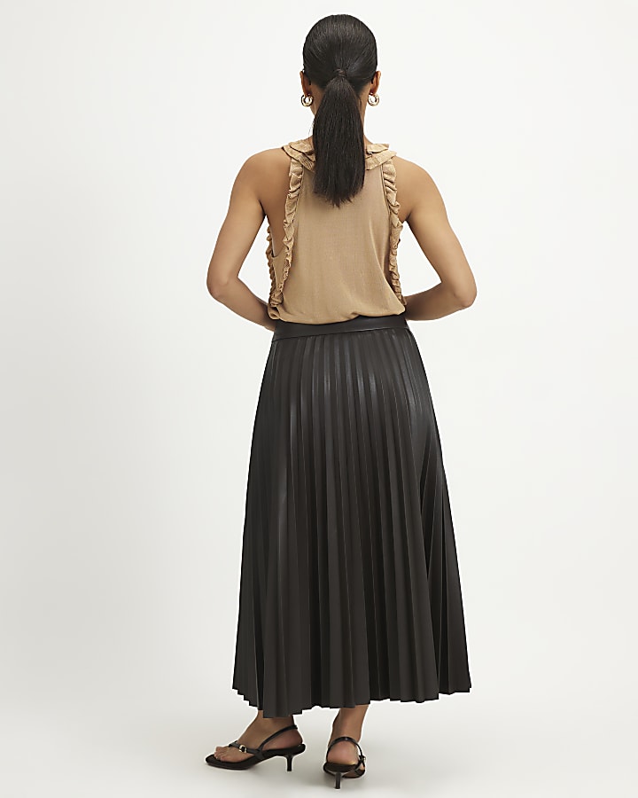 Petite Brown Popper Front Pleated Midi Skirt