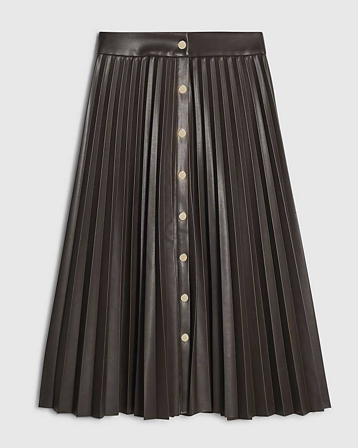 Petite Brown Popper Front Pleated Midi Skirt