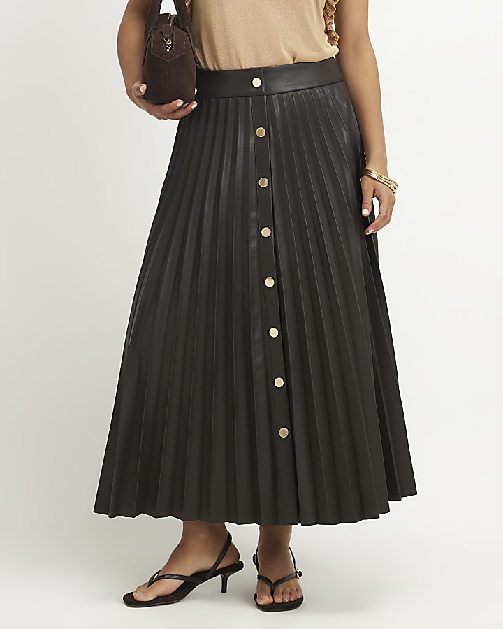 Petite Brown Popper Front Pleated Midi Skirt