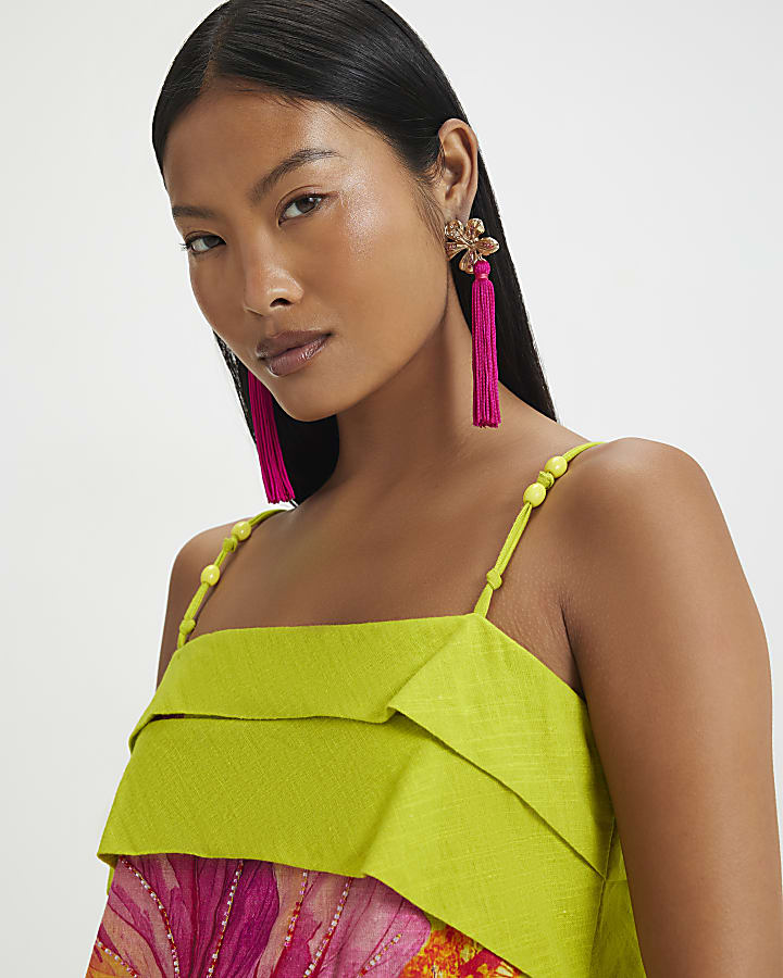 Petite Green Cotton Hibiscus Print Mini Dress