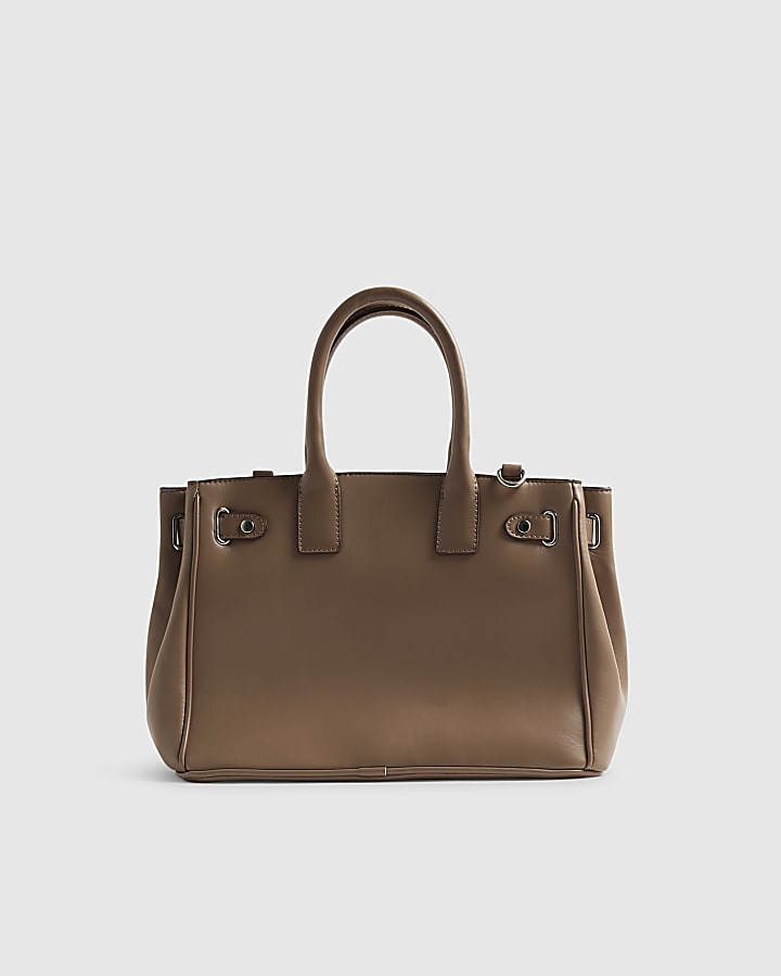 Beige Lock Front Utility Pocket Tote Bag