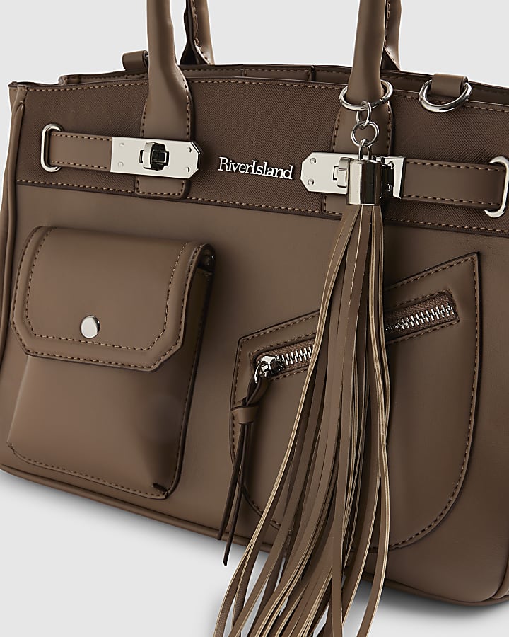 Beige Lock Front Utility Pocket Tote Bag