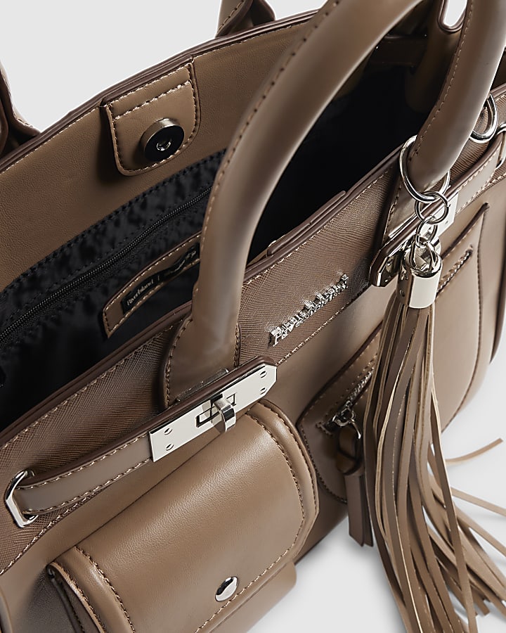 Beige Lock Front Utility Pocket Tote Bag