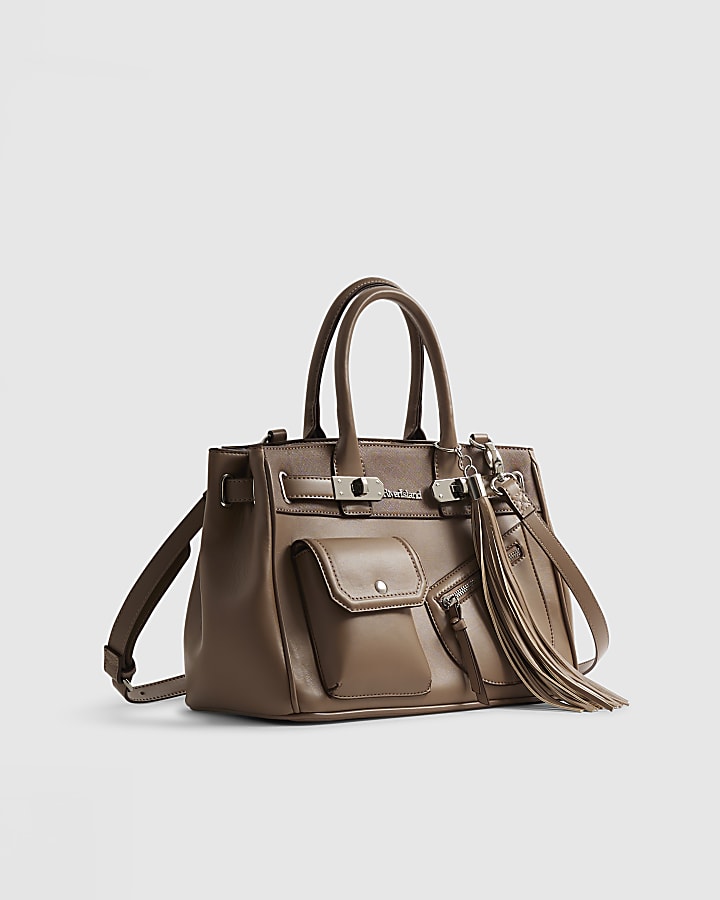 Beige Lock Front Utility Pocket Tote Bag