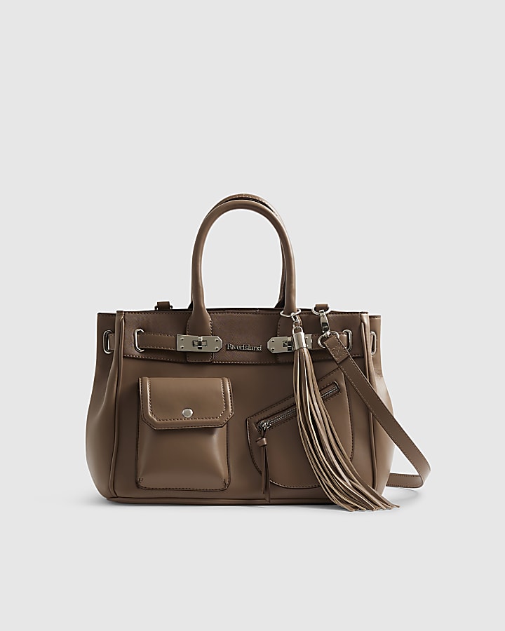 Beige Lock Front Utility Pocket Tote Bag