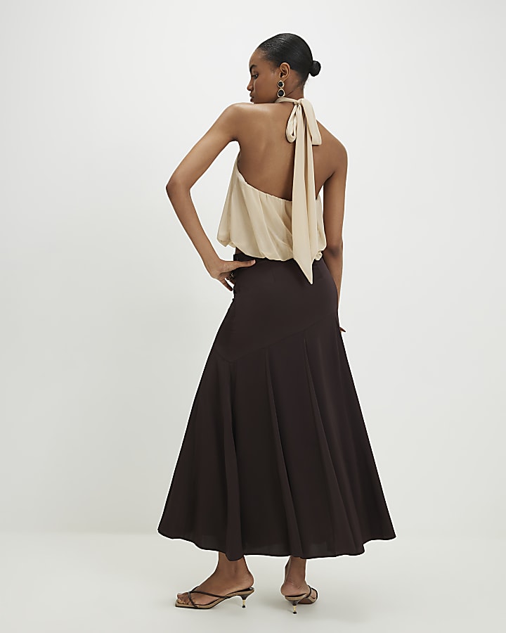 Brown Seamed Maxi Skirt