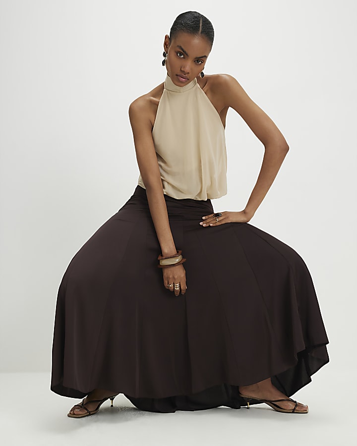 Brown Seamed Maxi Skirt