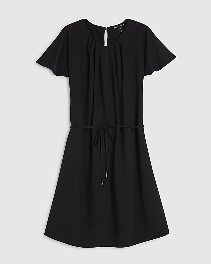 Black Pleated Short Sleeve Mini Shift Dress