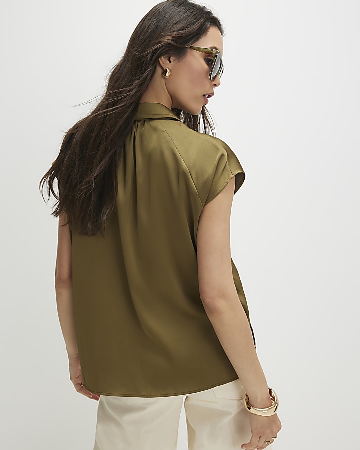 Khaki Satin Sleeveless Shirt
