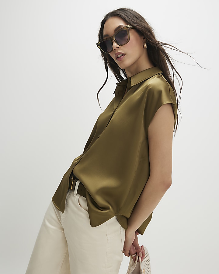 Khaki Satin Sleeveless Shirt