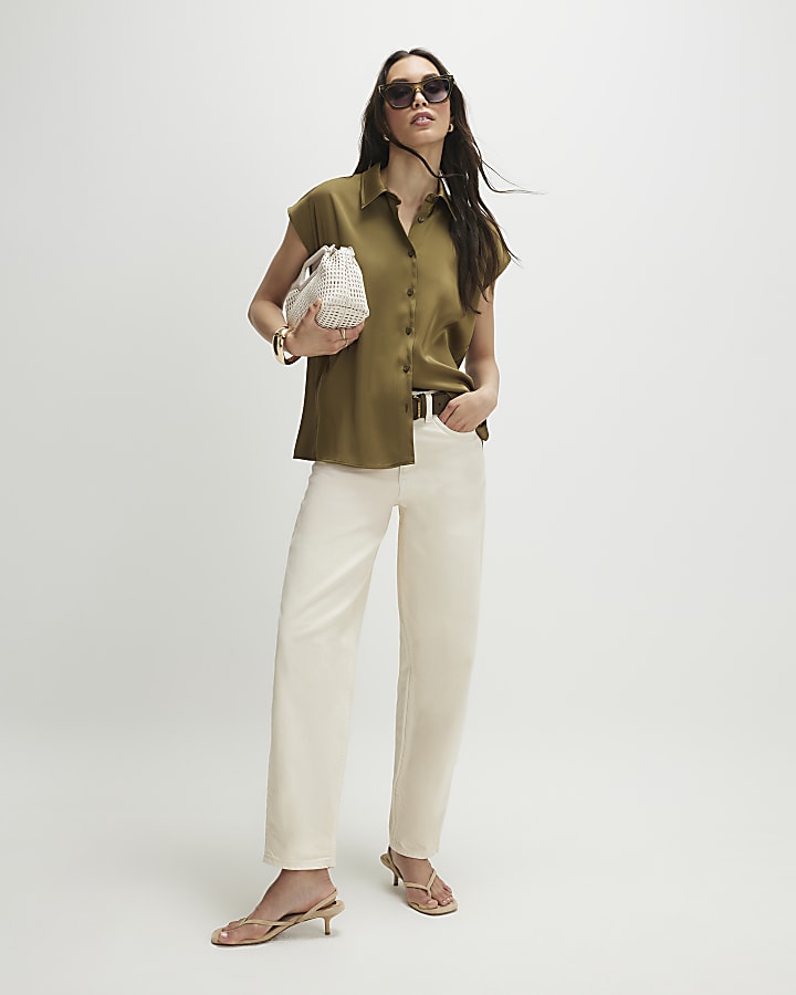 Khaki Satin Sleeveless Shirt